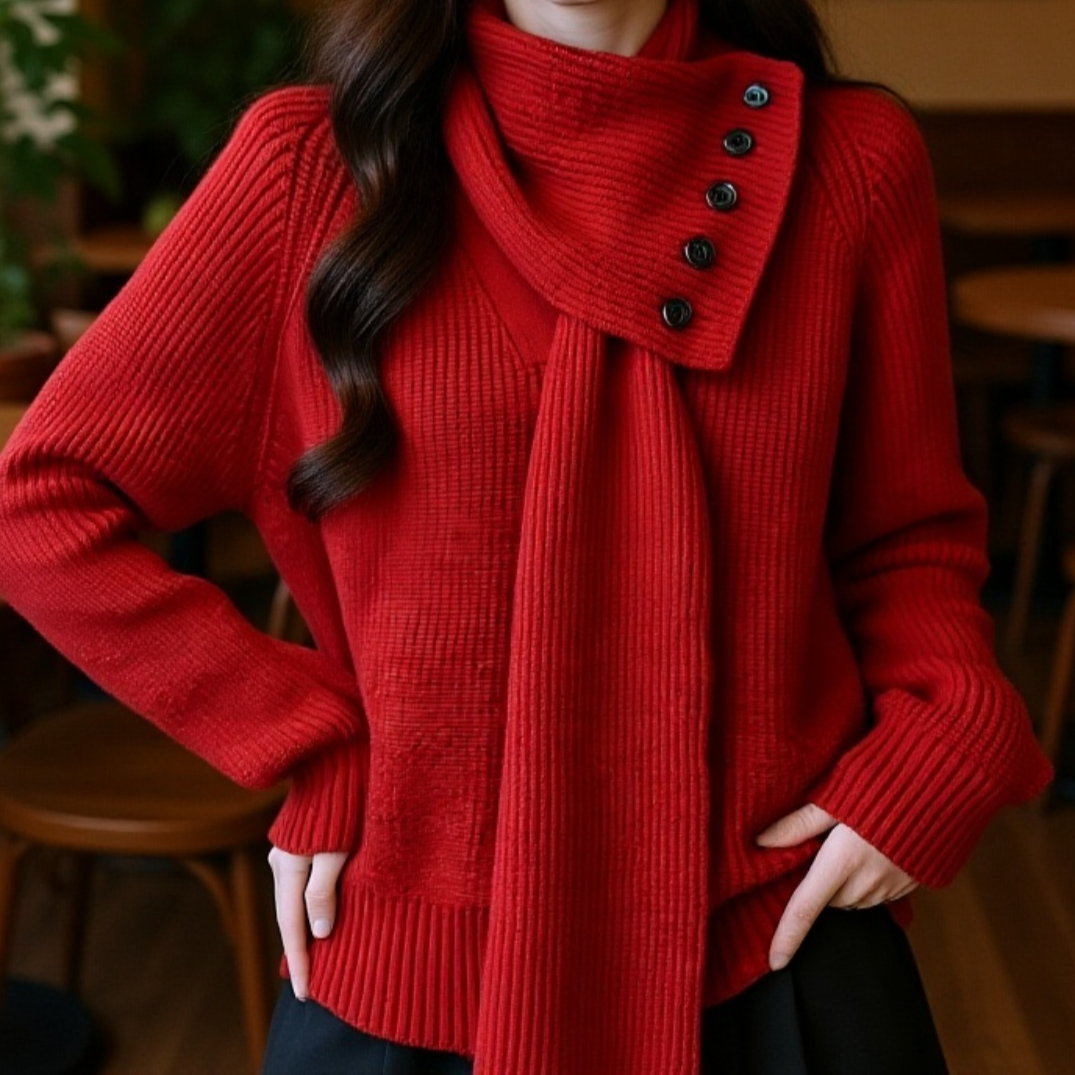 取り外し可能なスカーフデザインVネックレディースニット 秋冬新作