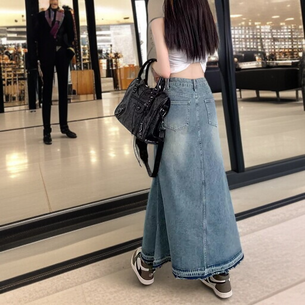 여자 가을 퍼 트리밍 하이웨스트 날씬 롱스커트 여성 A라인 롱스커트 왕단 롱스커트 데님 스커트 세트