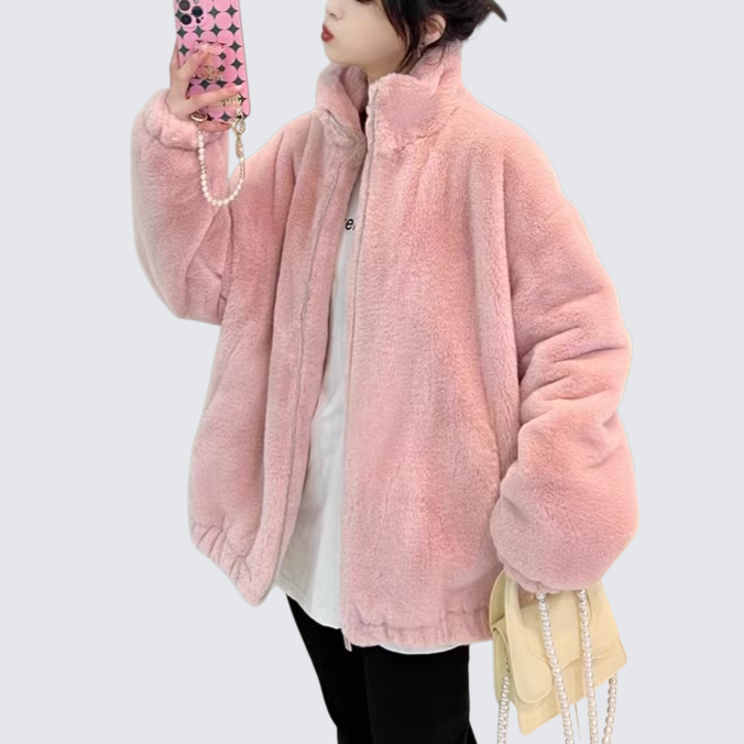 寬鬆仿兔毛立領毛絨外套