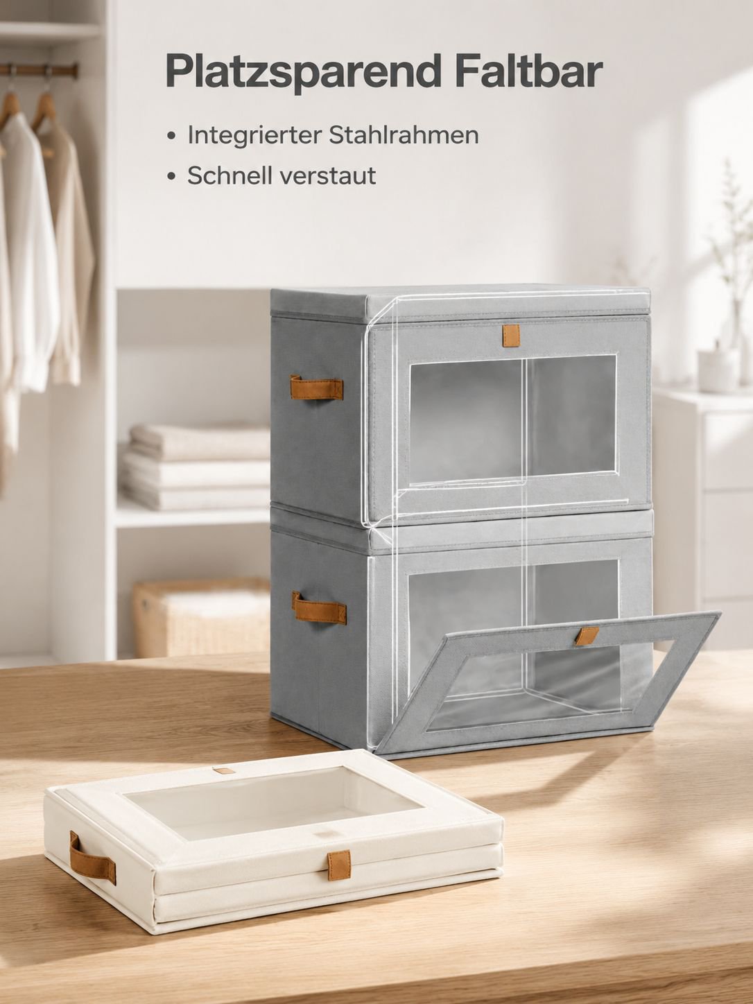 Faltbare Stoff-Aufbewahrungsbox mit Deckel, durchsichtiges Fenster, stapelbar für den Haushalt