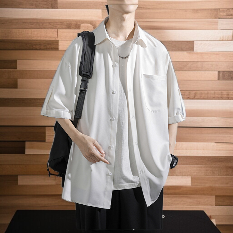 アイスドレープファッションシャツ 夏のルーズカップル薄手半袖シャツ タイドシャツ五分袖カジュアルシャツ
