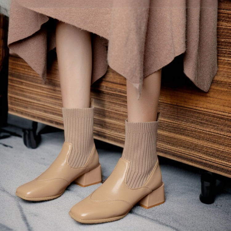 マーティンブーツチェルシーブーツハイレトロチャンキーヒールスキニーブーツブラウンウーンスクエアつま先シングル綿オプションニットストレッチ
