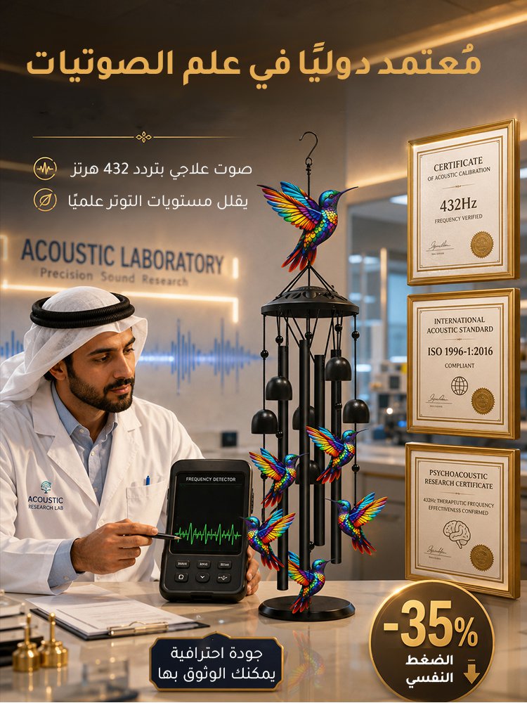 واحة ملكية فاخرة - أجراس الرياح الملونة بتصميم "طائر الطنان" للاستشفاء بالصوت بتردد 432 هرتز