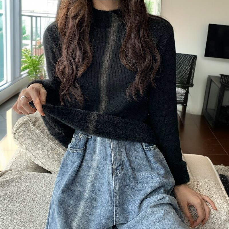中わた入り厚手ニットレディース長袖ワンピースフリーストップス秋冬ボトムスシャツハーフハイネックニットソー