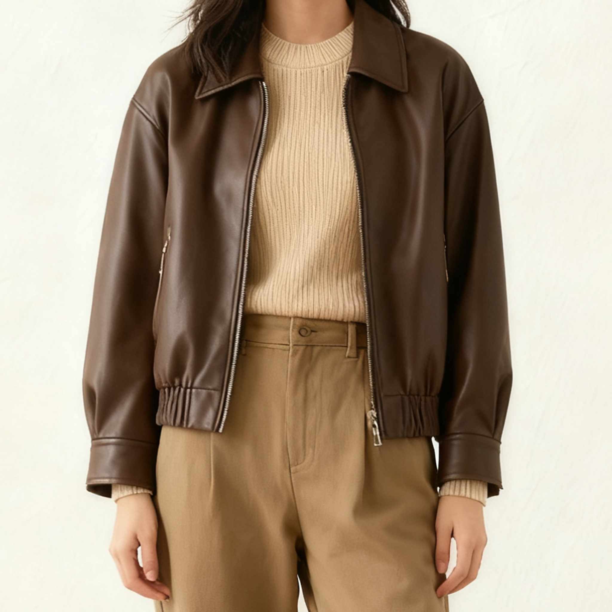 여성 스타일리시 브라운 레더 재킷