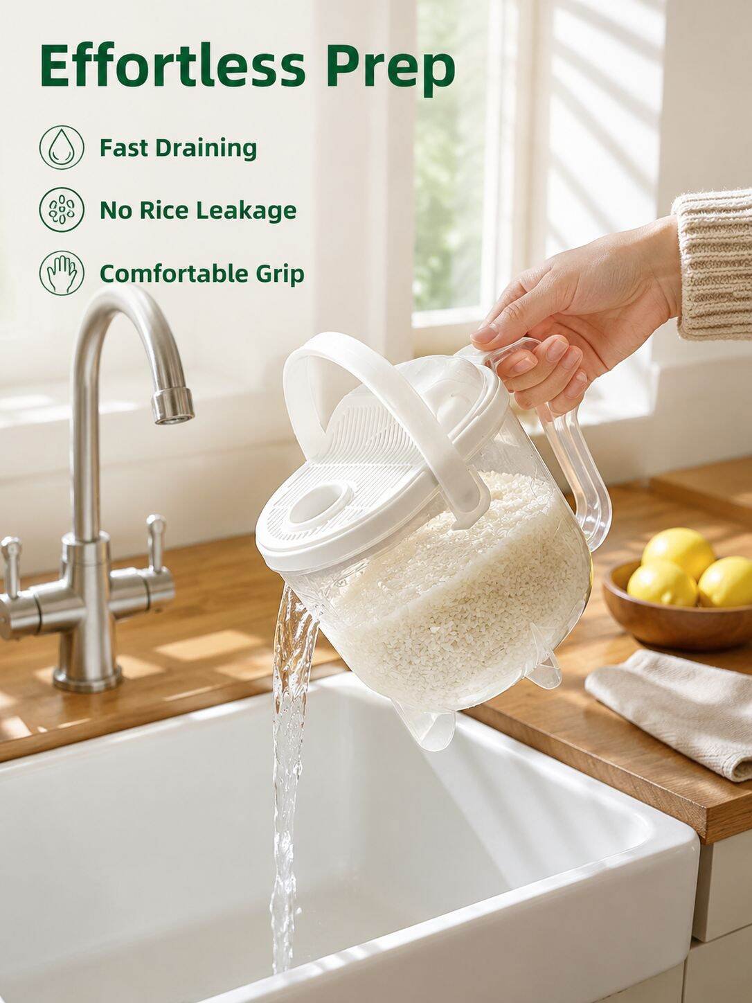Hands-Free Rice Washing Strainer and Drain Basket