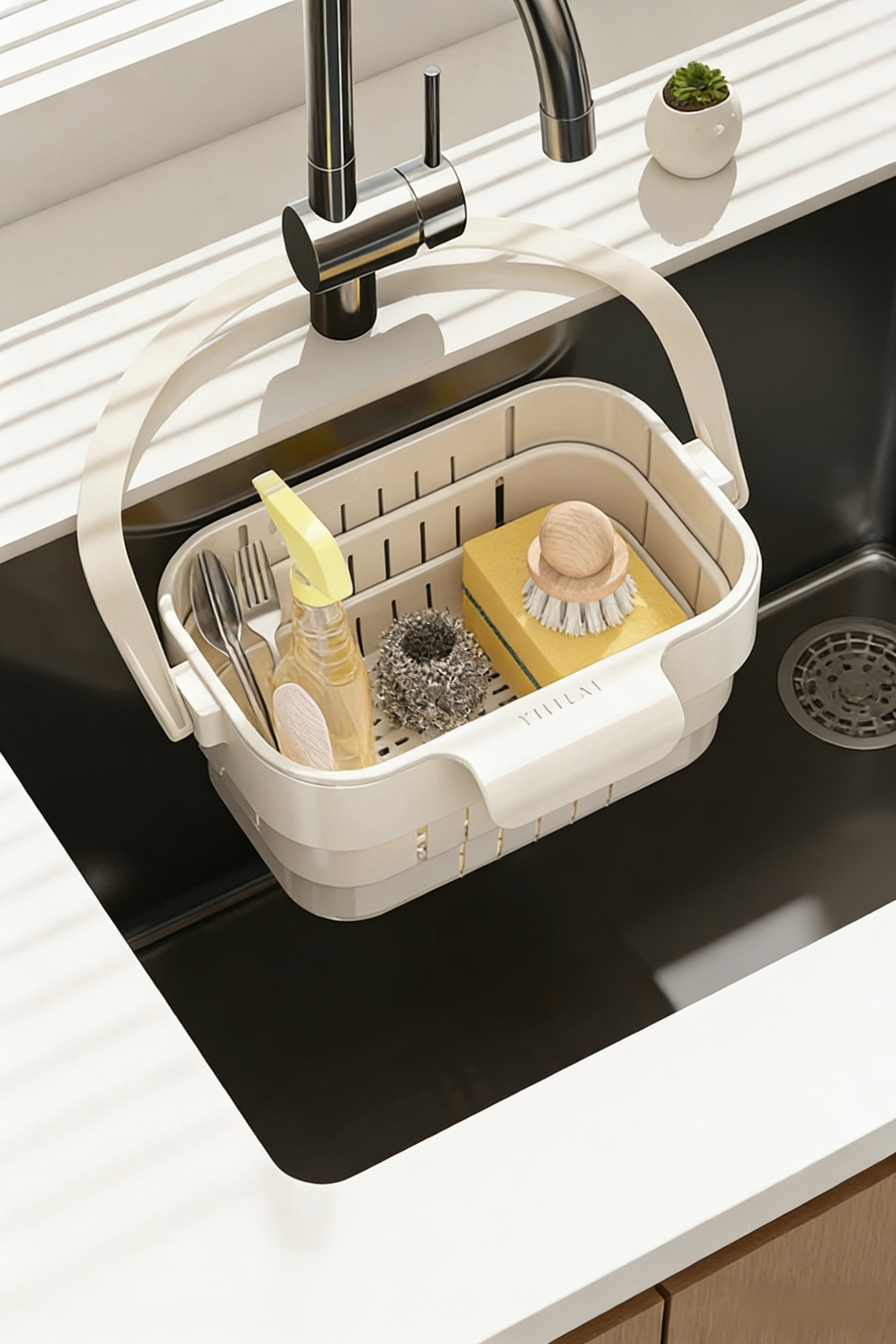 Telescopic drain basket extended to hold vegetables
