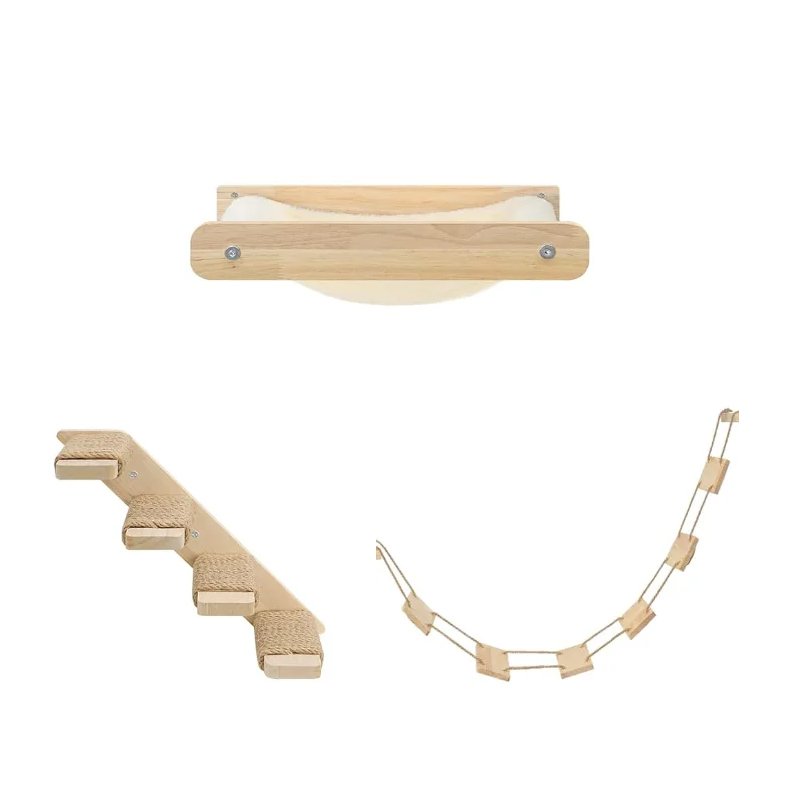 ชั้นวางของแมวที่แข็งแรงทนทานชุดเฟอร์นิเจอร์ผนังแมวชุดเกมบ้านเปลญวนไม้แมวแบบกำหนดเอง