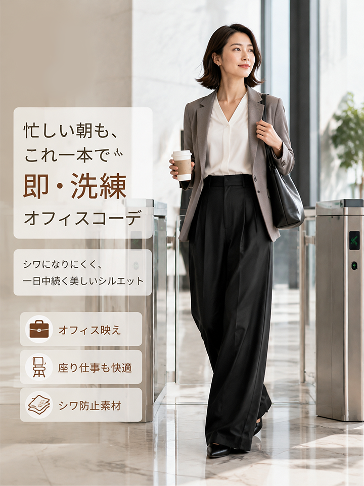 Monolly 着回し抜群 ハイウエスト ワイドパンツ