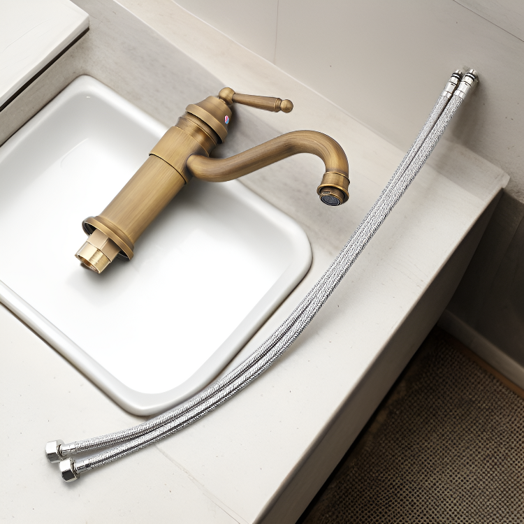 Vintage European copper bathroom basin with hot and cold faucet set