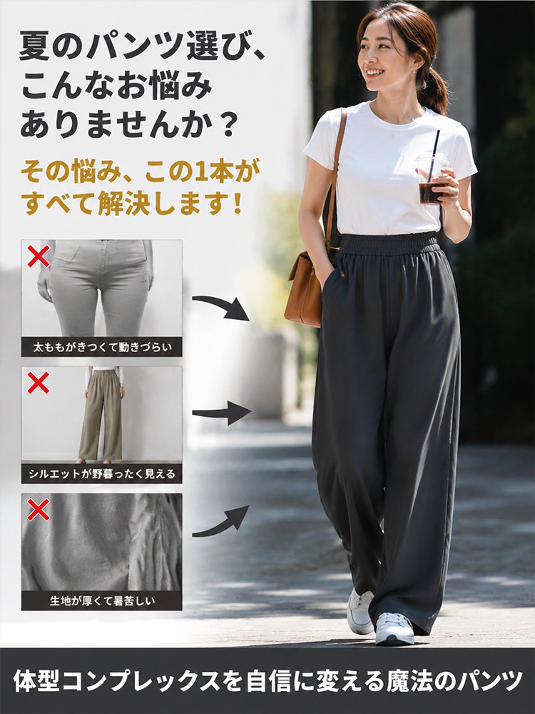 レディース アイスシルク スーツワイドパンツ、柔らかく快適、見た目が10kg細く見える！工場直販・中間マージンゼロ