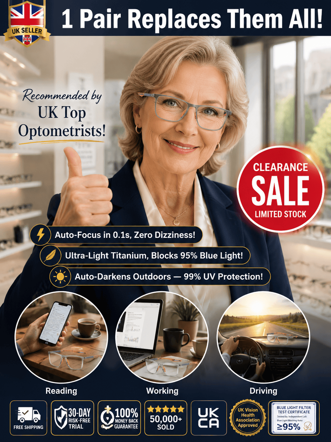 Photochromic multifocal reading glasses