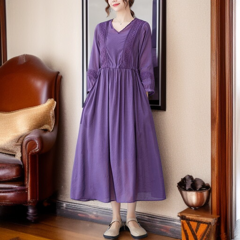 편하고 모던 심플 7부 문예풍 스트랩 원피스 롱 브이넥