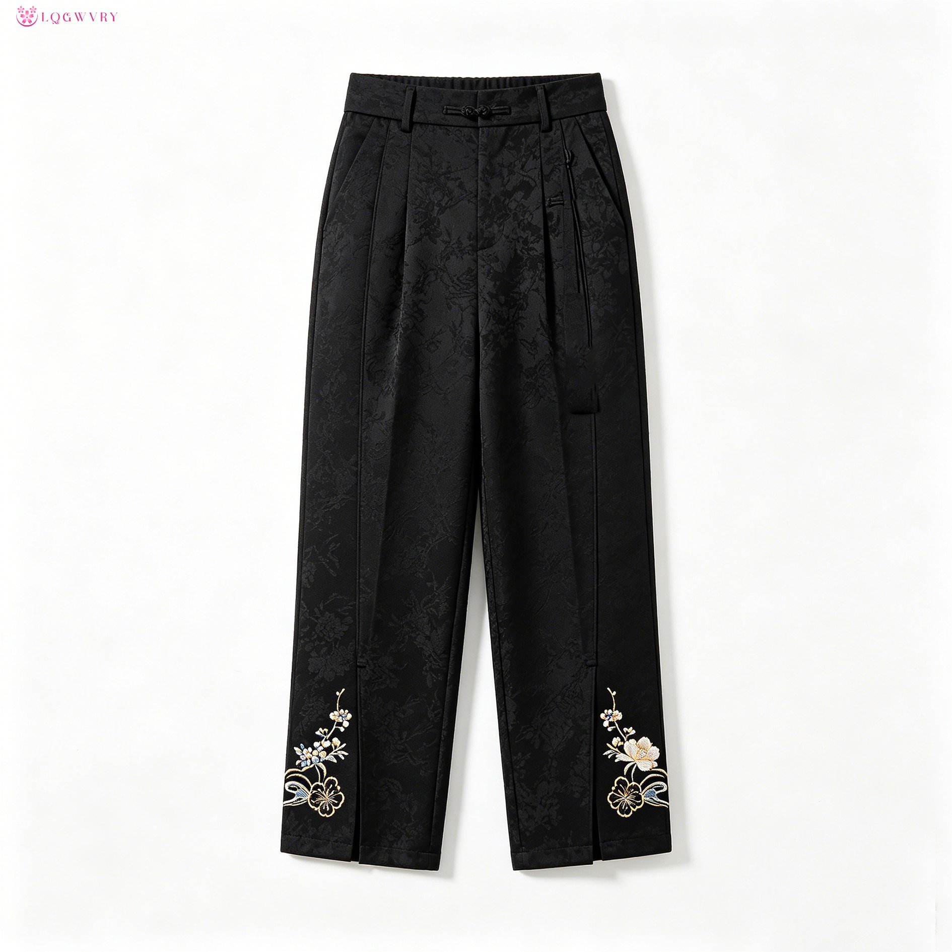 黒のジャカード織りストレートレッグパンツ