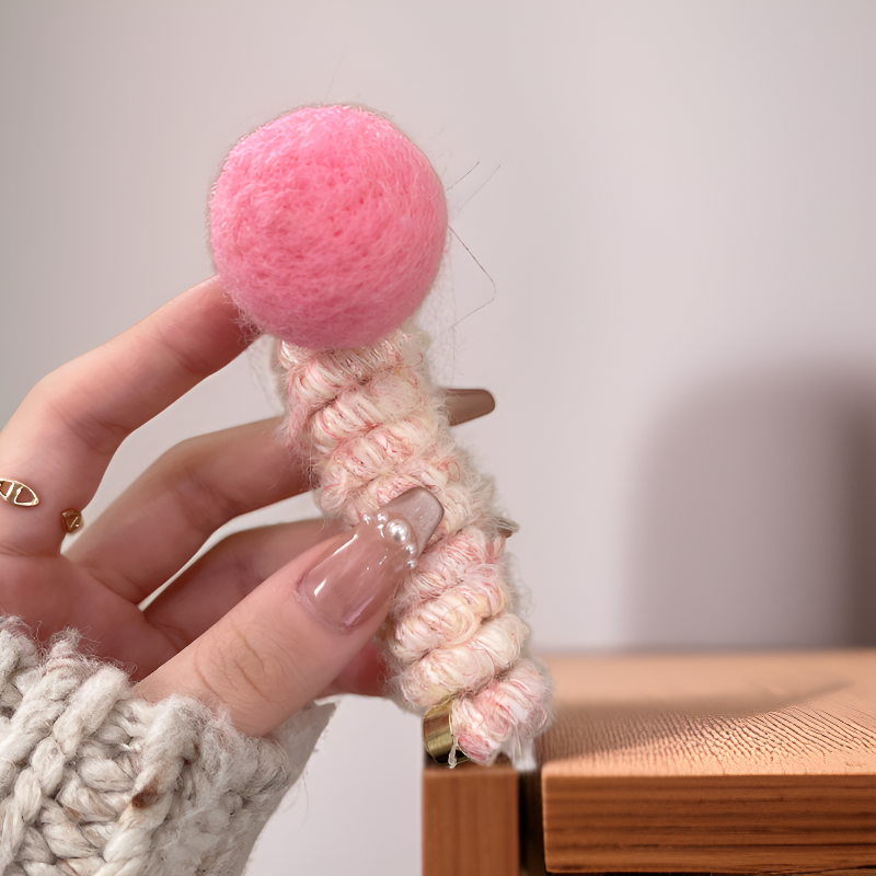 Trendy Pom Pom Telephone Coil Hair Ring