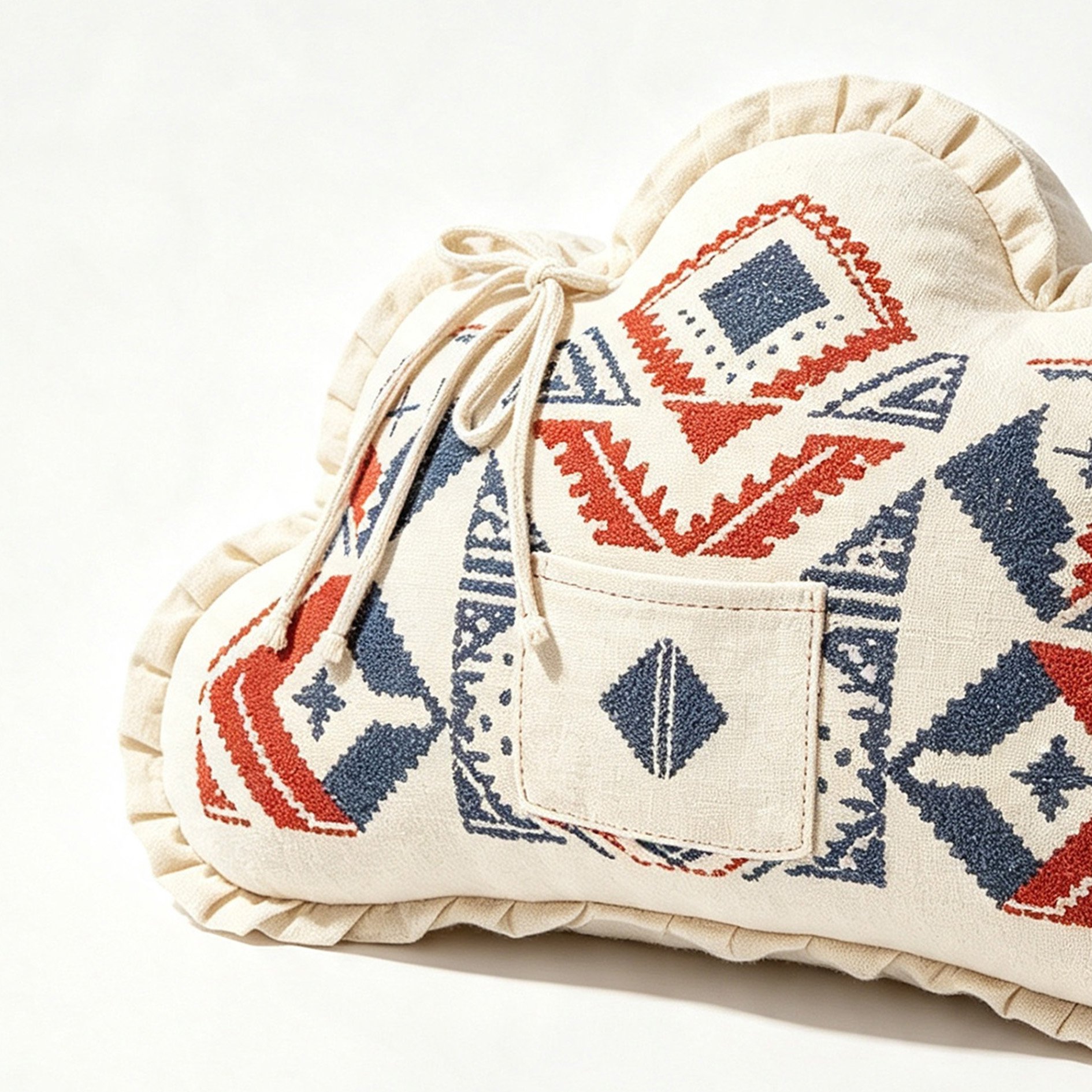 Close-up of ethnic pattern on cloud-shaped cushion