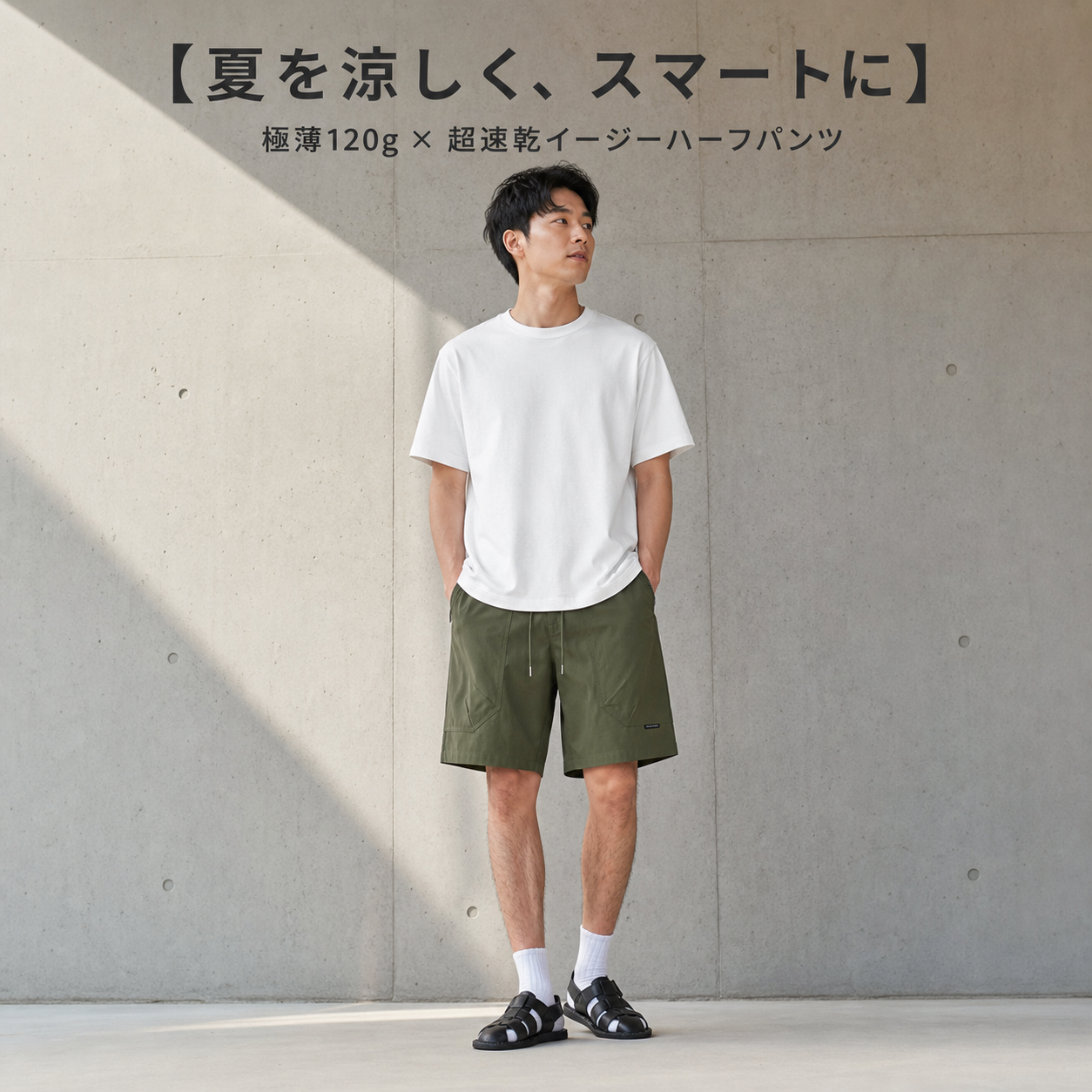 メンズ軽やかシワ加工ゴムウエスト五分パンツ