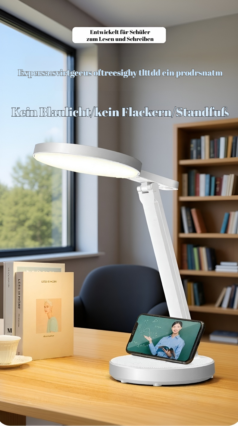 Faltbare LED-Lernlampe mit Augenschutz auf einem Schreibtisch