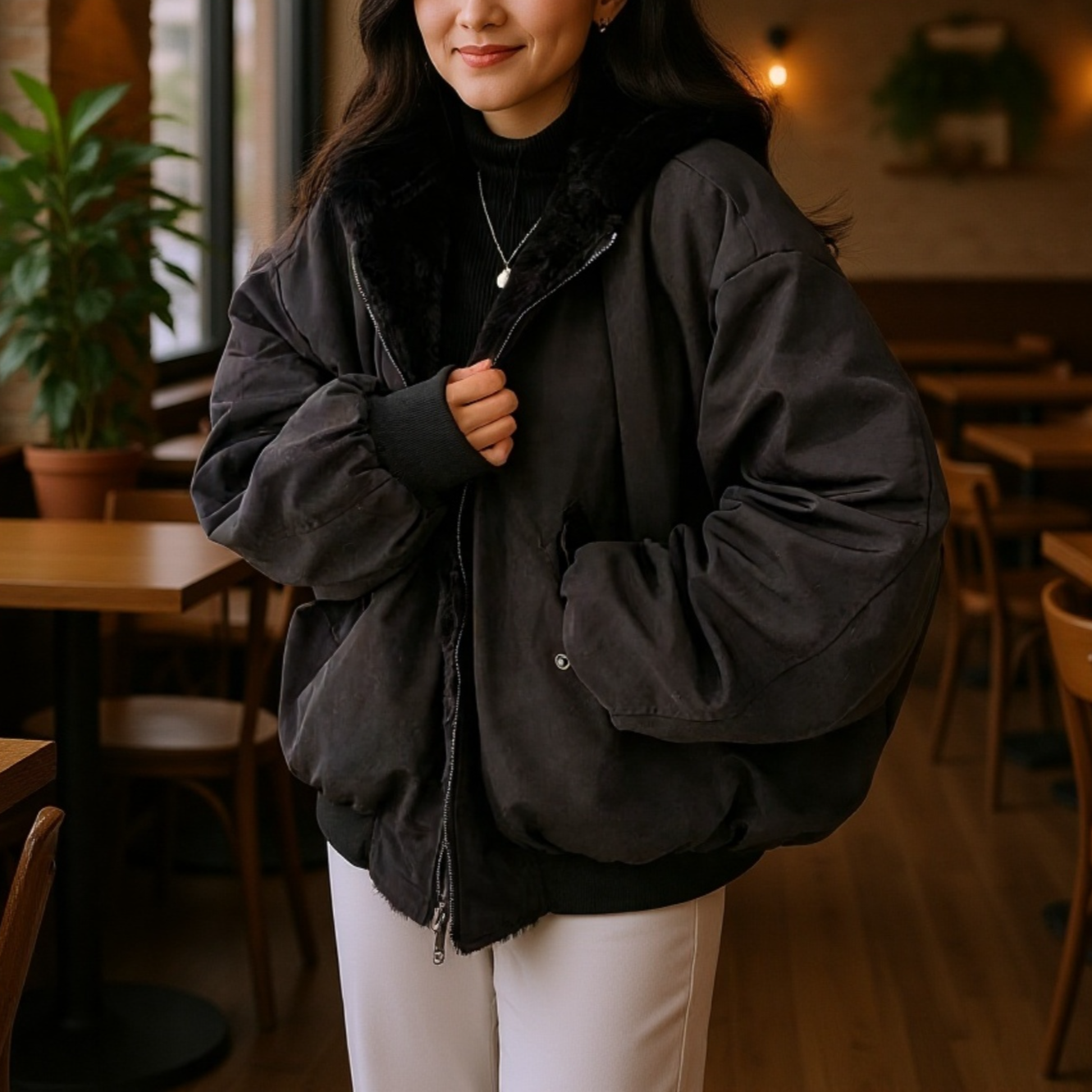 防寒性抜群の裏起毛コート女性着用イメージ