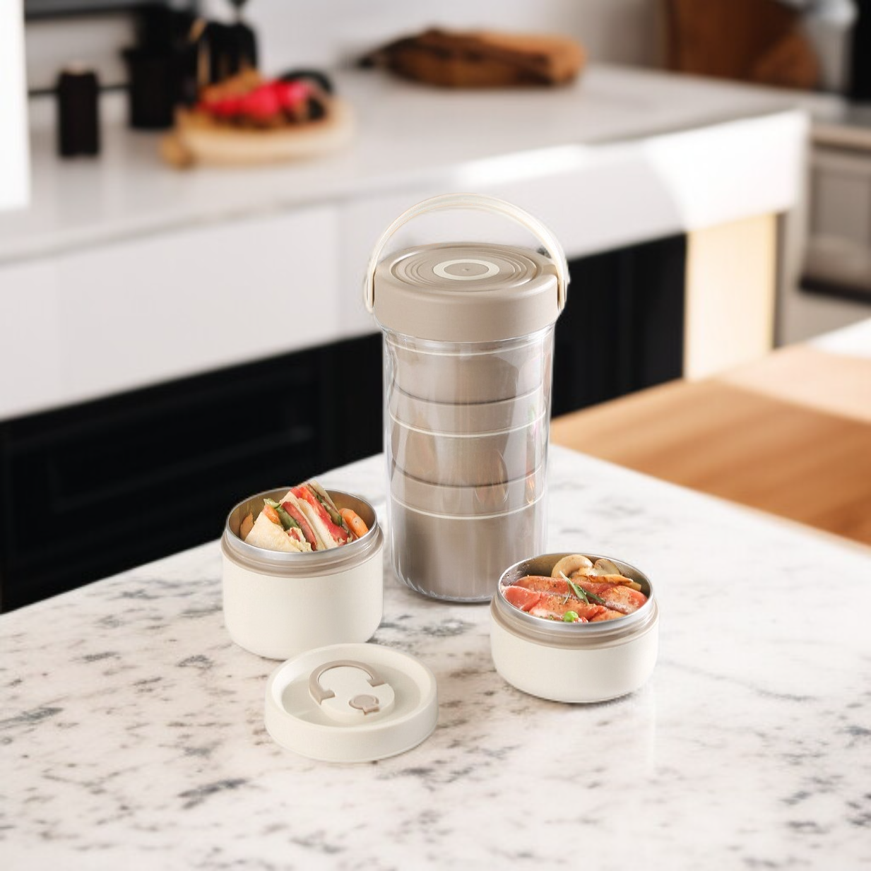 علبة طعام دائرية من الستانلس ستيل مع حافظ للحرارة للطلاب الابتدائيين قابلة للحمل