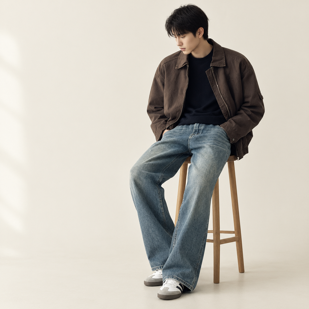 남성 신상 한국 스타일 와이드 스트레이트 데님 팬츠