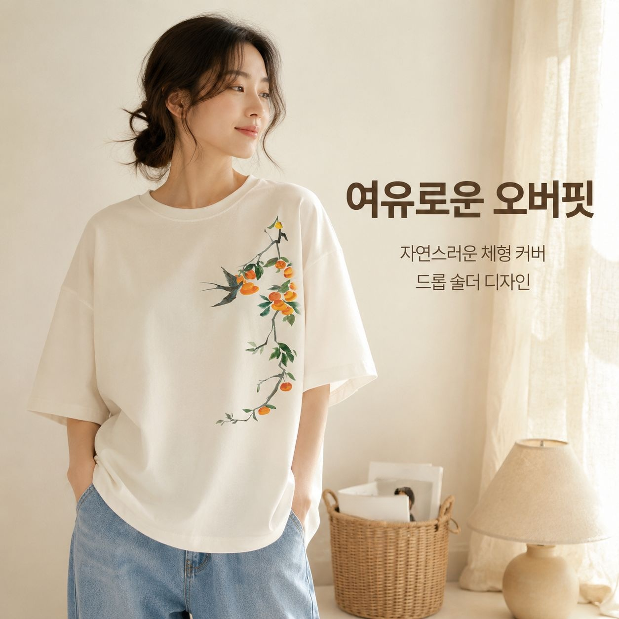 기질 있는 화이트 빅사이즈 여성 박시 프린트 반팔 티 상의