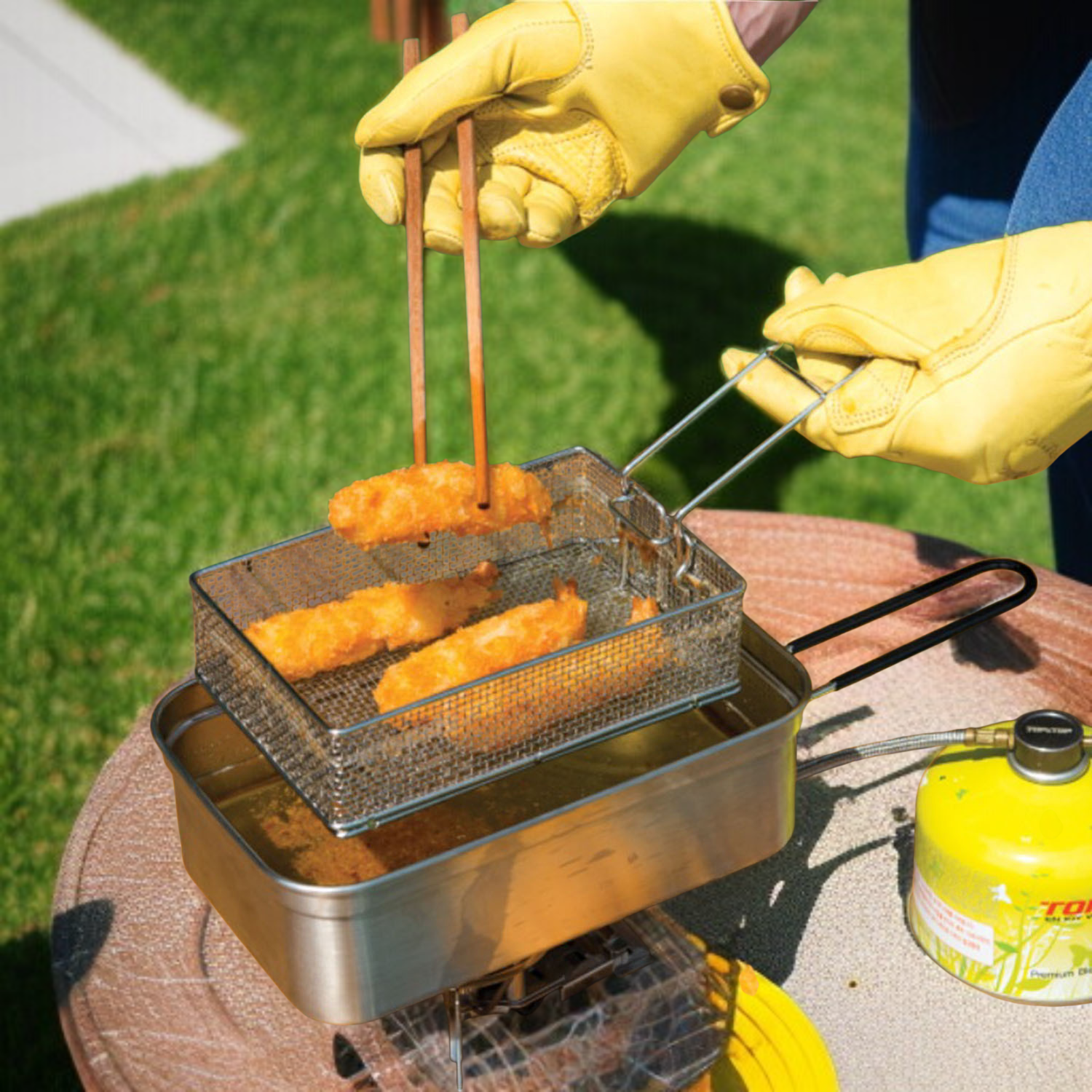 Cesta plegable de fritura en acero inoxidable para picnic