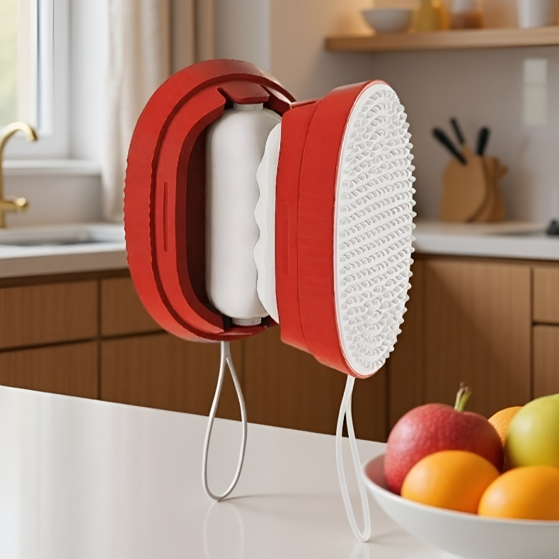 Detalle del cepillo adhesivo lavable en uso