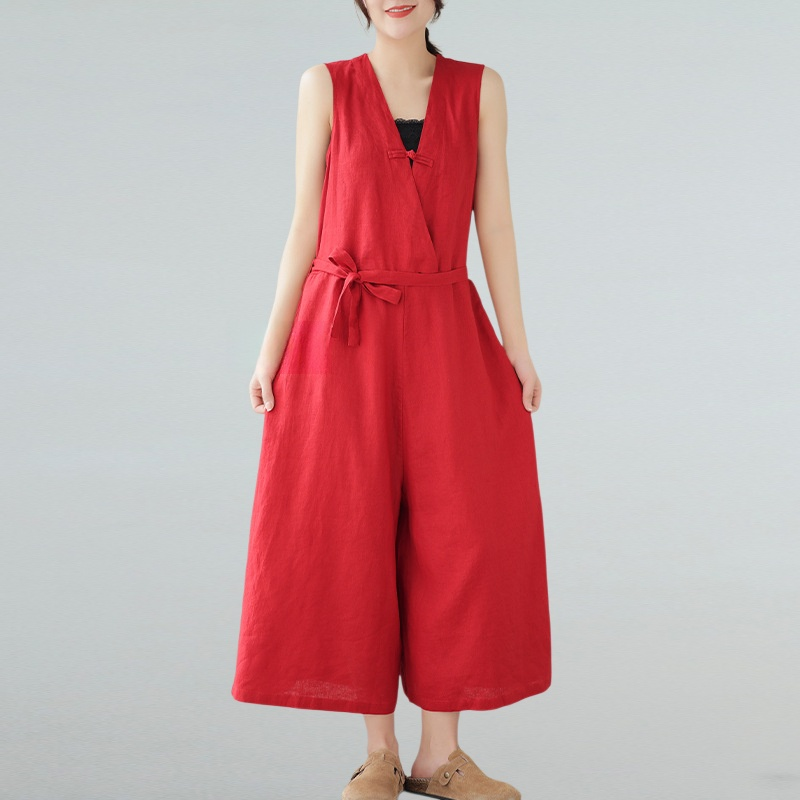 夏の新作リネンコットンゆったり無地オールインワン