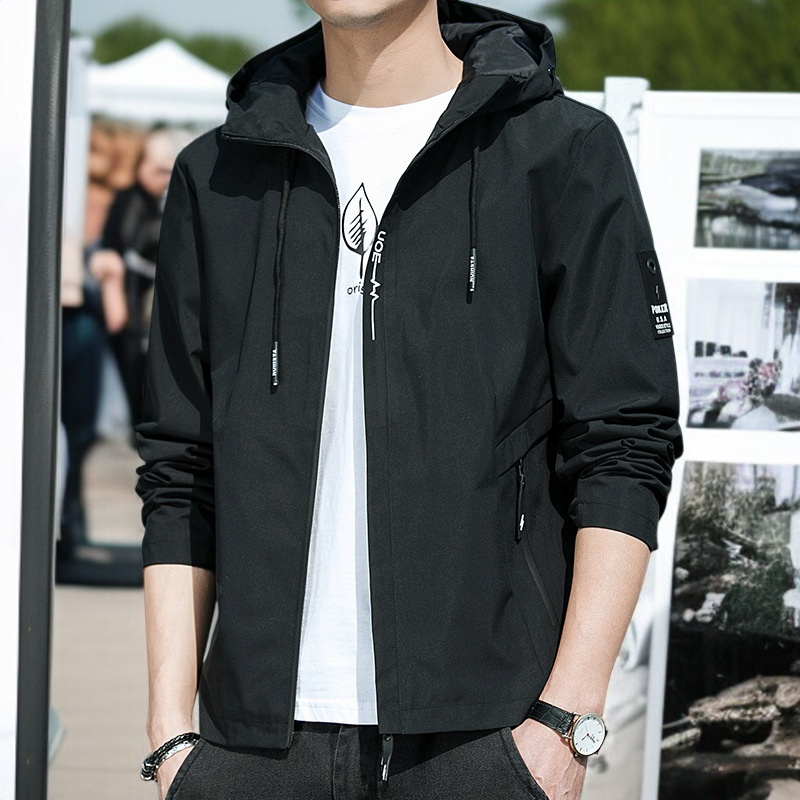 春と秋のジャケットメンズコートフード付き学生ユースカジュアルジャケット