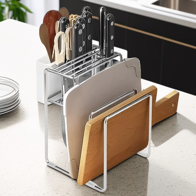 رف تخزين سكاكين متعدد الوظائف من الستانلس ستيل 304 مع حامل عيدان للطعام ورف تقطيع للمطبخ