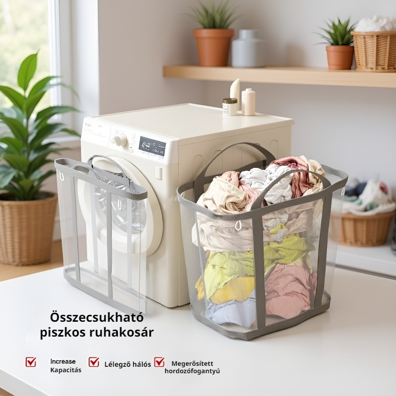 Nagy kapacitású, összecsukható szennyeskosár falra szerelhető fürdőszobai tároló