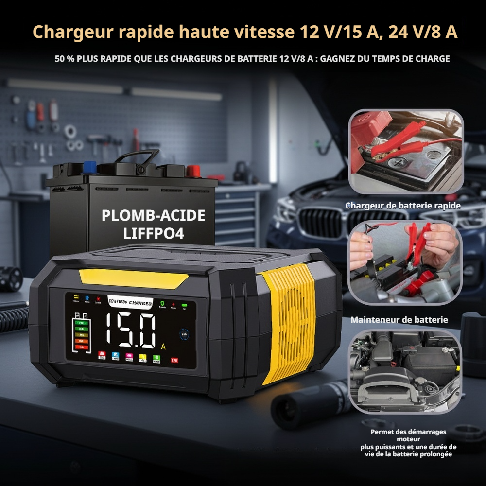 Chargeur portable 12V pour batteries de voiture - compatible plomb-acide et lithium fer phosphate
