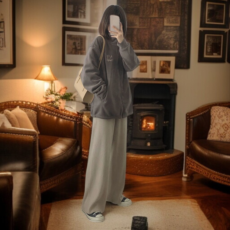 Back view of women's plush lamb wool overcoat