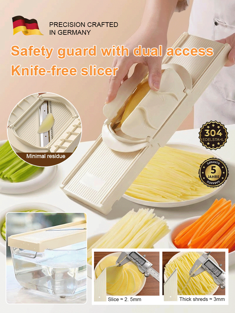Essential kitchen tool: hand-safe vegetable slicer and shredder.