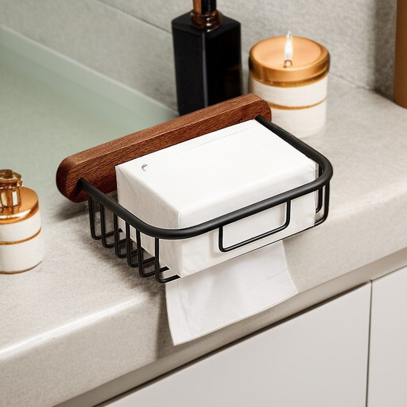 Wood paper towel rack bathroom Japanese style waste basket face towel rack roll holder cosmetic stor