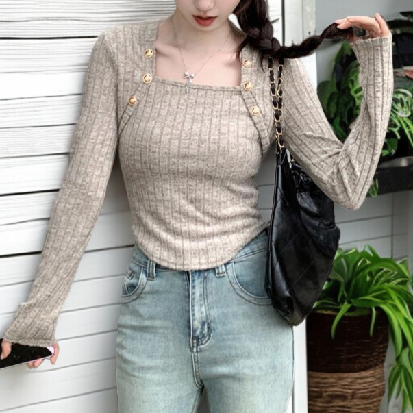 여성 가을 분위기 슬림 캐시미어 스웨터 언밸런스 디자인 숏 긴팔 니트