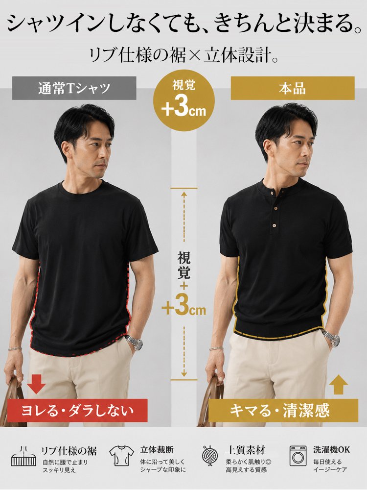 メンズヘンリーネック半袖Tシャツ