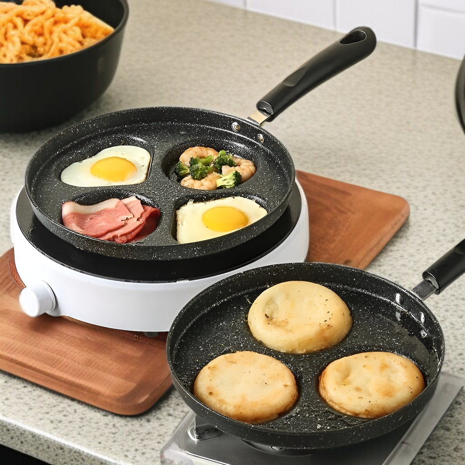 Nonstick omelette pan with cooked omelette