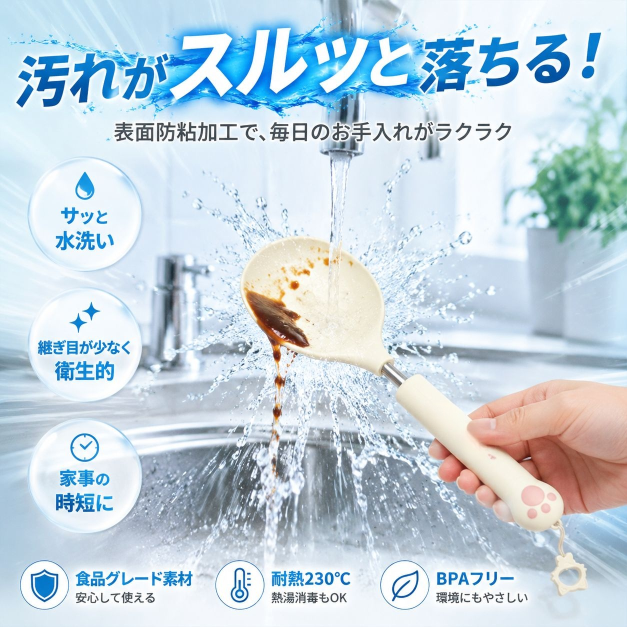 食品グレードシリコン猫の手ヘラ＆おたまセット ノンスティック おしゃれキッチンツール