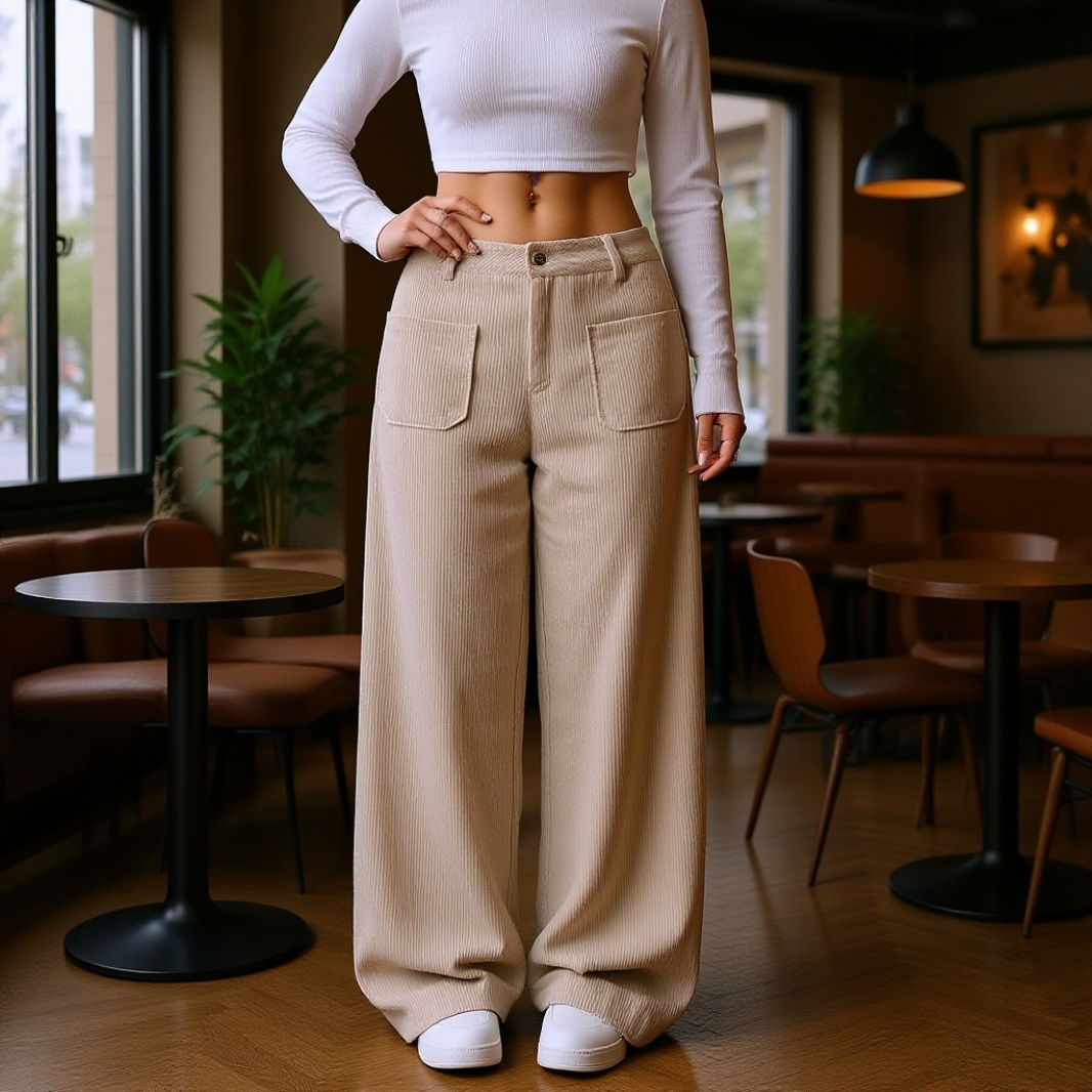 السيدات بنطلون فضفاض الساق الصلبة