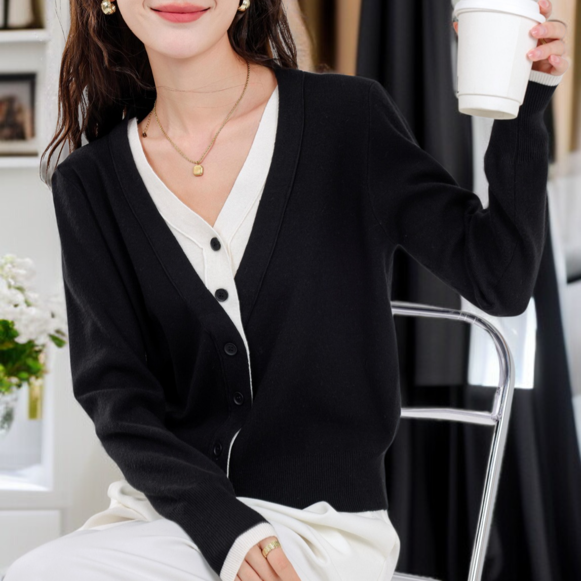 여성 니트 루즈핏 기질 레깅스 컬러링 페이크 투피스 긴팔 상의 얇은 니트