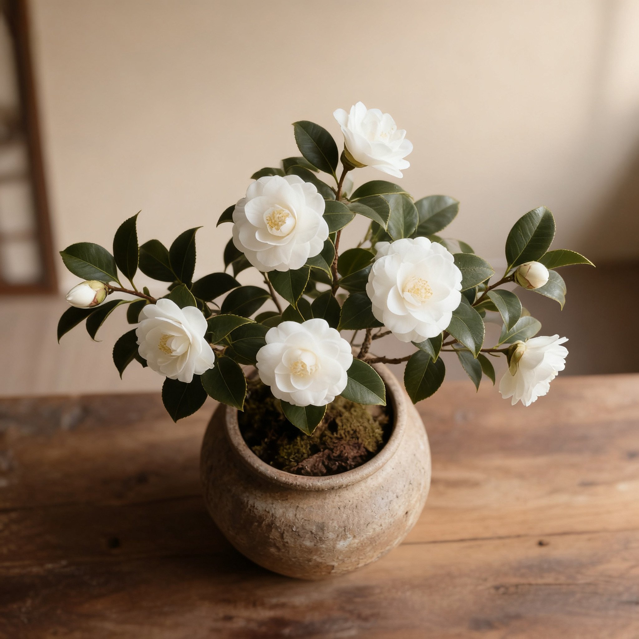 ดอกคามีเลียสีสดใสในกระถาง