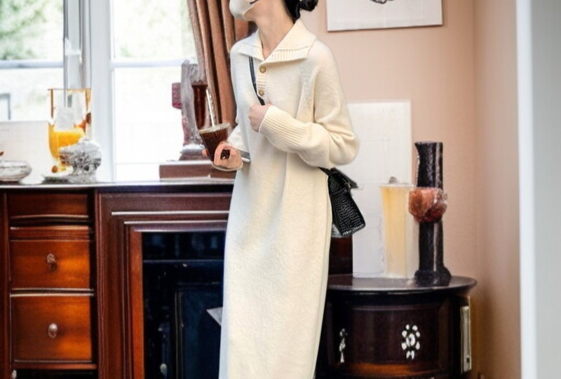 미디엄 롱 터틀넥 니트 원피스 전체 이미지