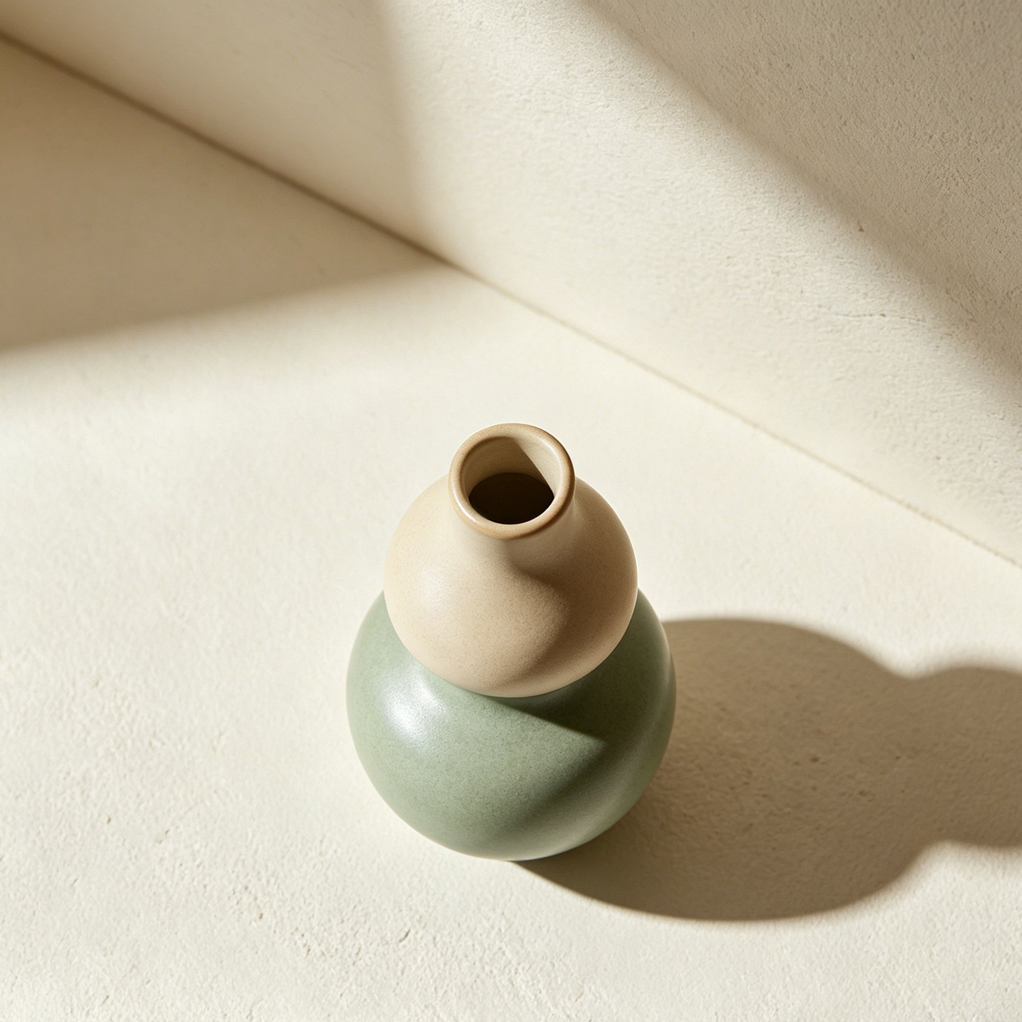 Two-tone ceramic gourd vase set displayed on a wooden table