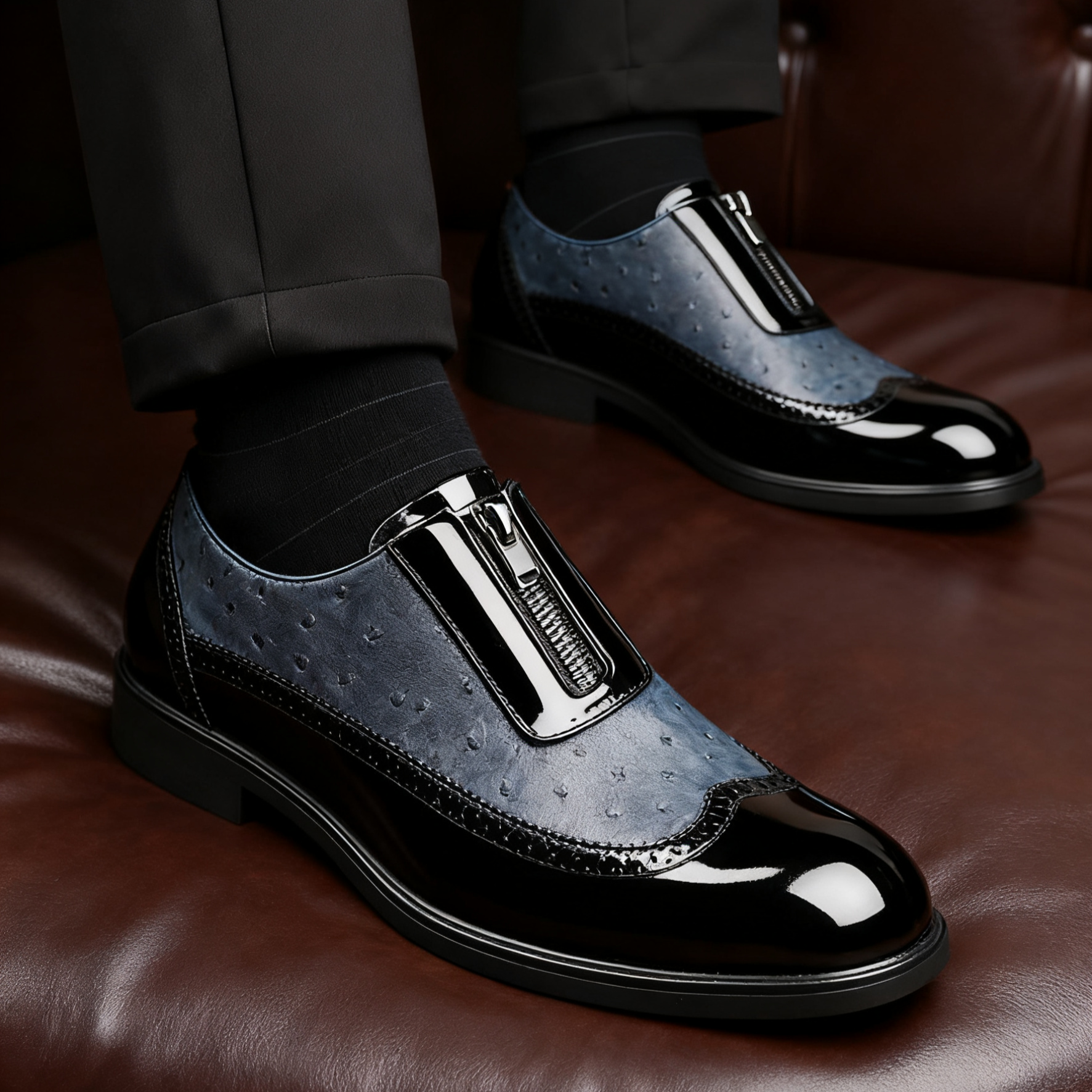  타조 무늬 엠보싱 지퍼 남성 정장 구두