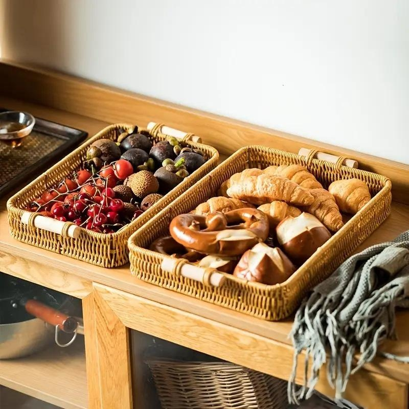 籐編み両手取っ手付きトレイ