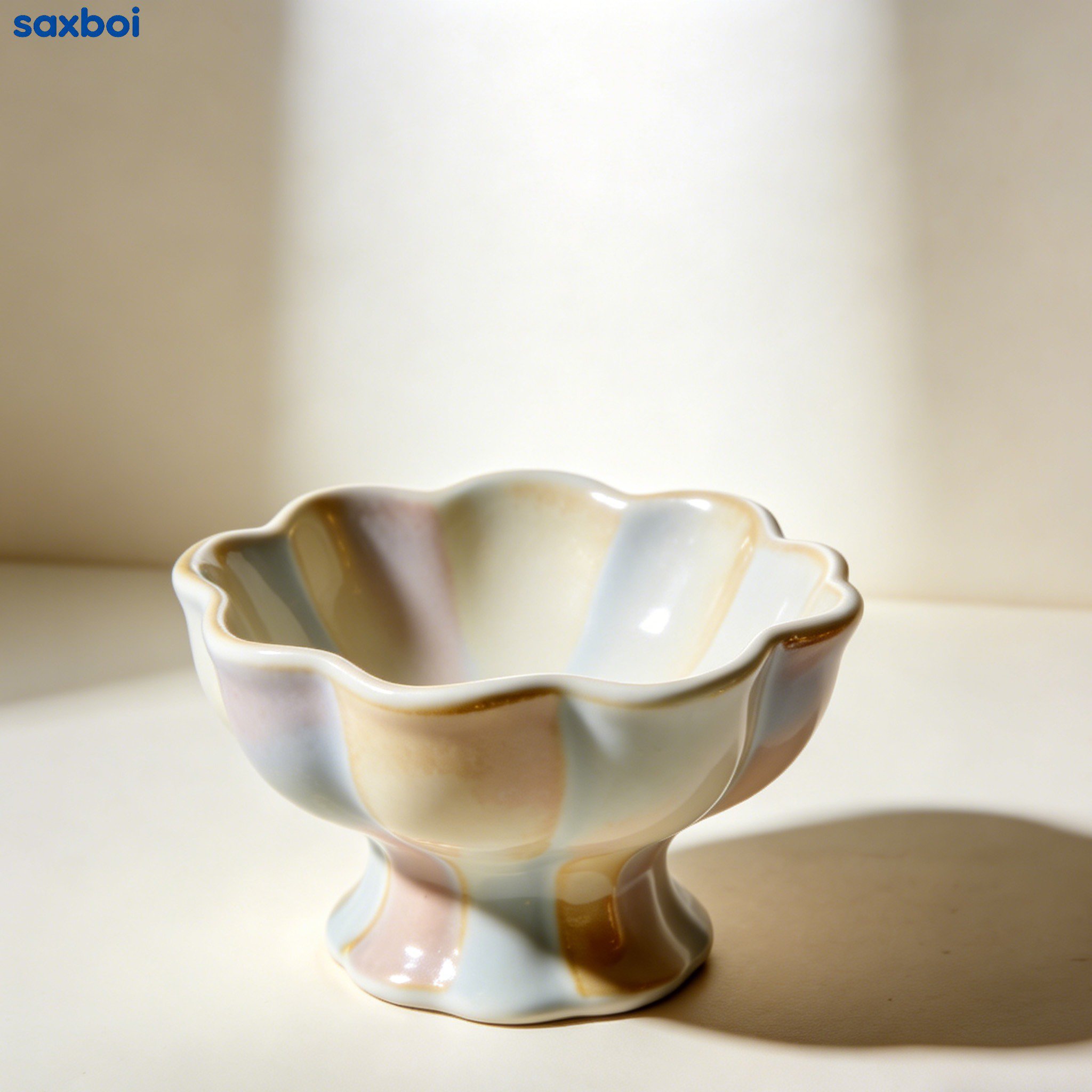 ストライプ柄のステム付き陶器ボウル5個セット全体画像