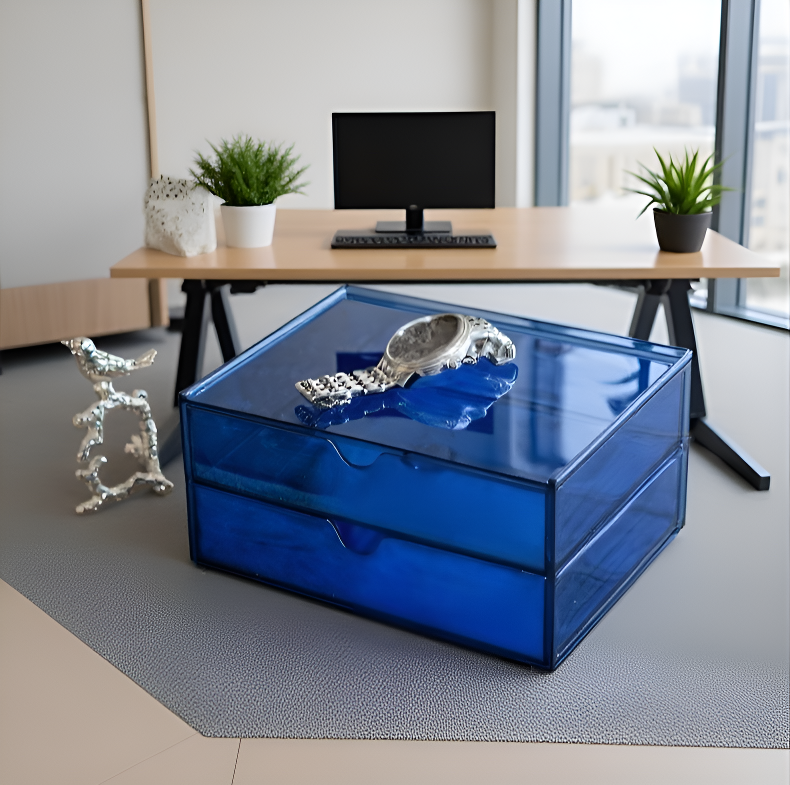 Modern Nordic shelf holding stationery and plants