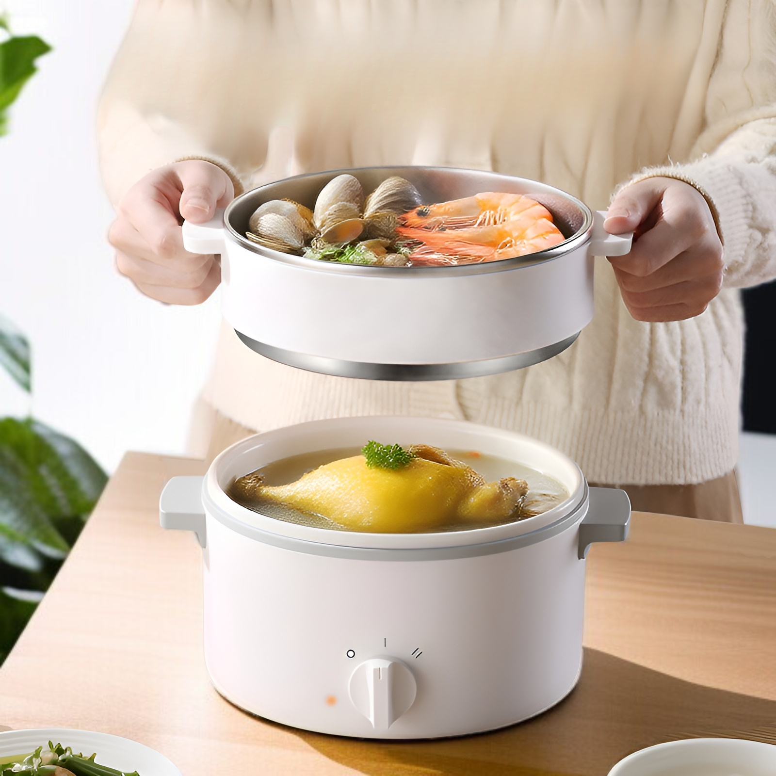 Vaporera eléctrica de 1.5L con dos niveles, multifuncional y resistente al moho